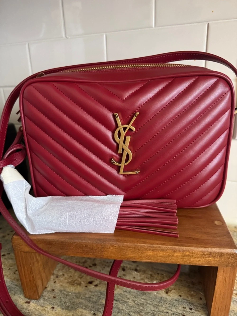 New! Saint Laurent Quilted Red Leather Crossbody Camera Bag with Gold YSL Logo